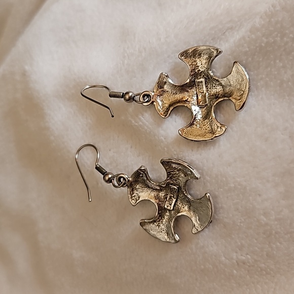 VTG Dauplaise Silvertone Maltese Byzatine Cross Dangle Hook Earrings - Picture 5 of 6